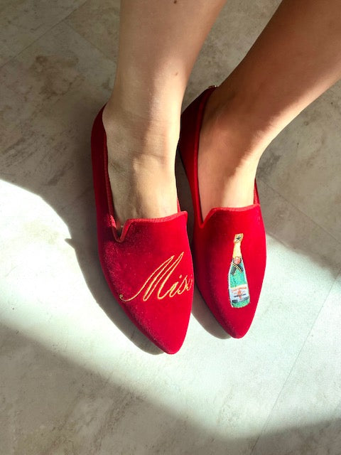 POINTY RED VELVET MISS CHAMPAGNE LOAFER