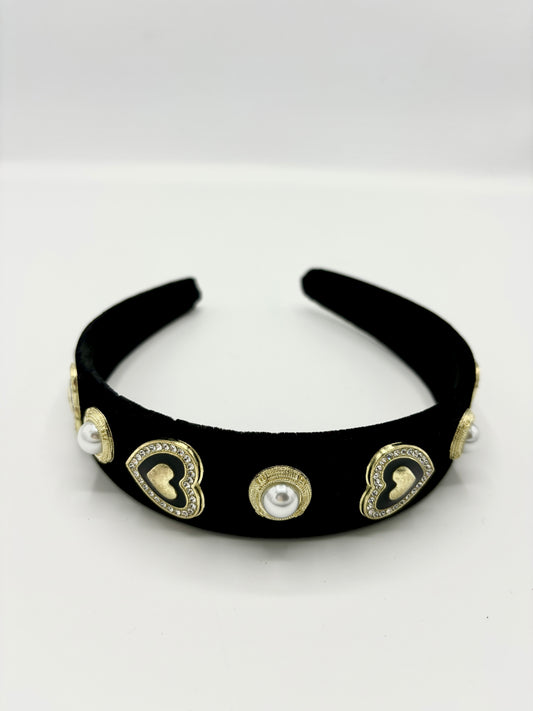 HEADBAND HEARTS AND PEARLS VELVET BLACK