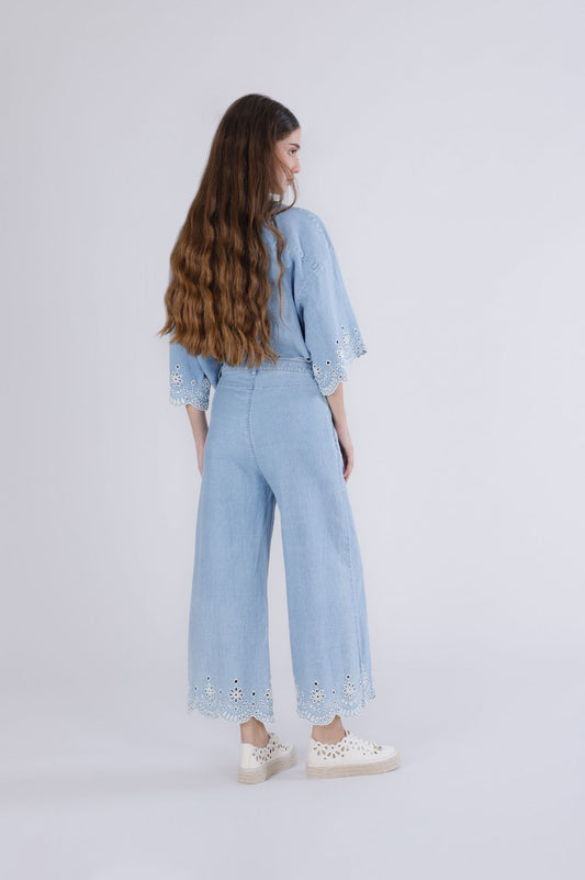 DENIM PANTS WIDE FLOWERS