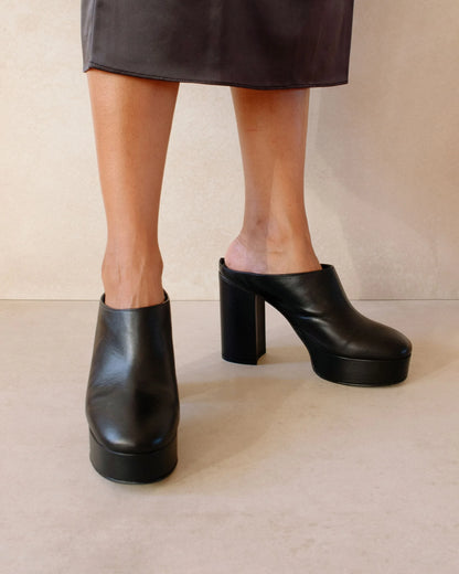CLOCK OUT BLACK HIGH LEATHER MULE